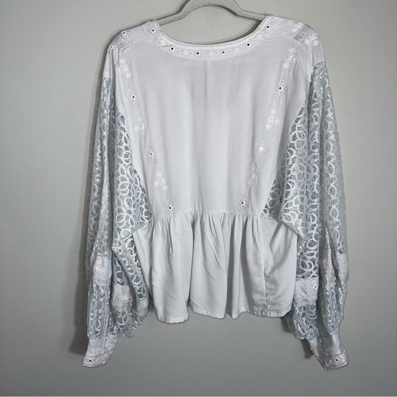 Free People Boogie All Night Blouse-Cropped Lace Balloon Sleeves-Boho-Blue-M-NWT - Picture 9 of 11